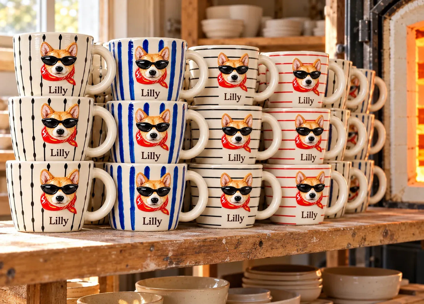 A shelf of glossy striped mugs with sculpted pets, just out of the kiln