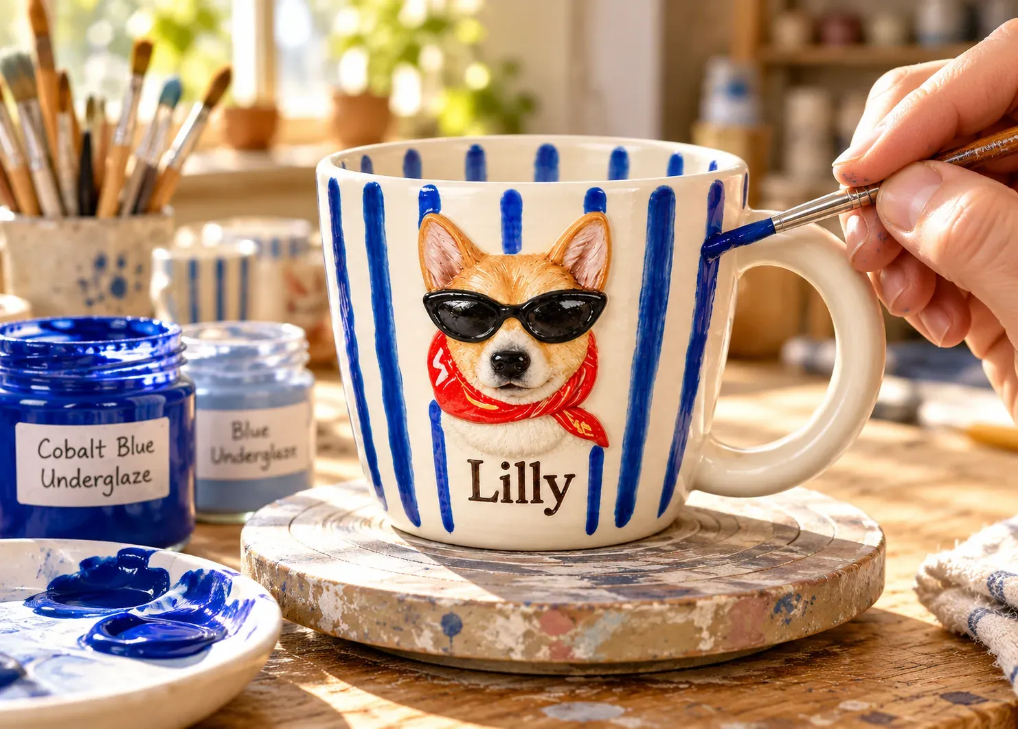 A hand painting cobalt-blue stripes around a sculpted corgi with a fine brush