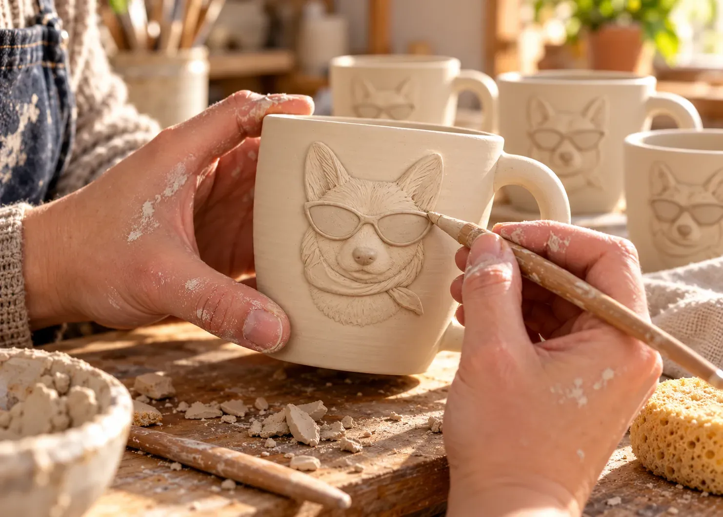 A potter’s hands sculpting a small clay corgi onto a raw mug with a wooden tool