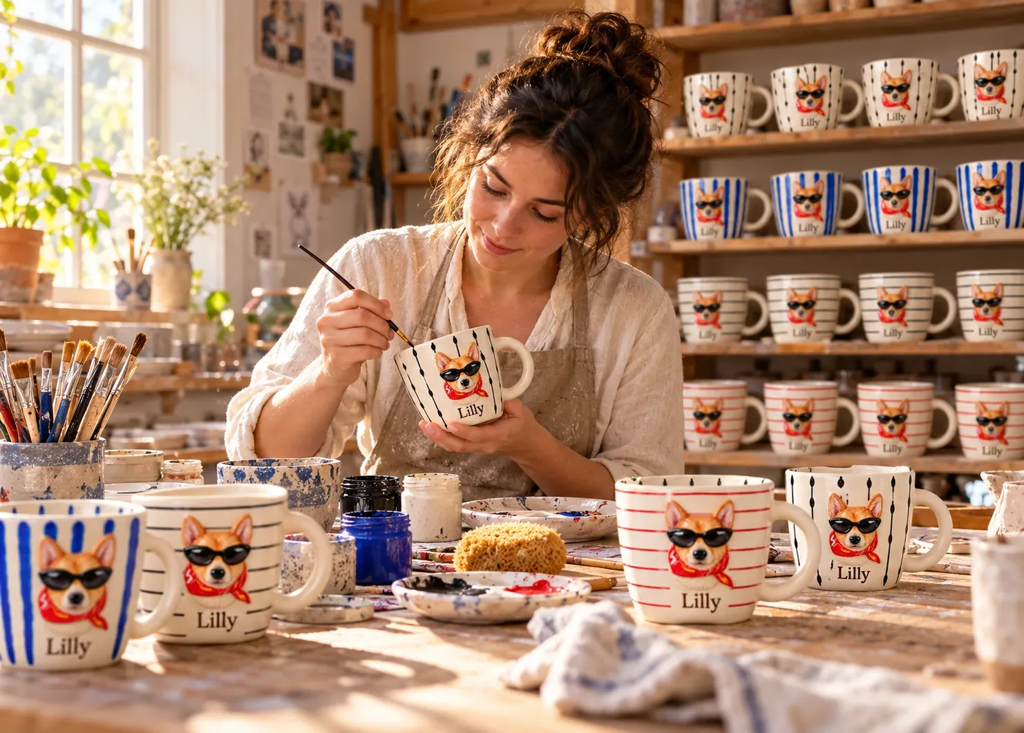 A potter in a linen apron painting a striped mug at a wooden worktable in our sunlit studio, shelves of finished mugs behind her