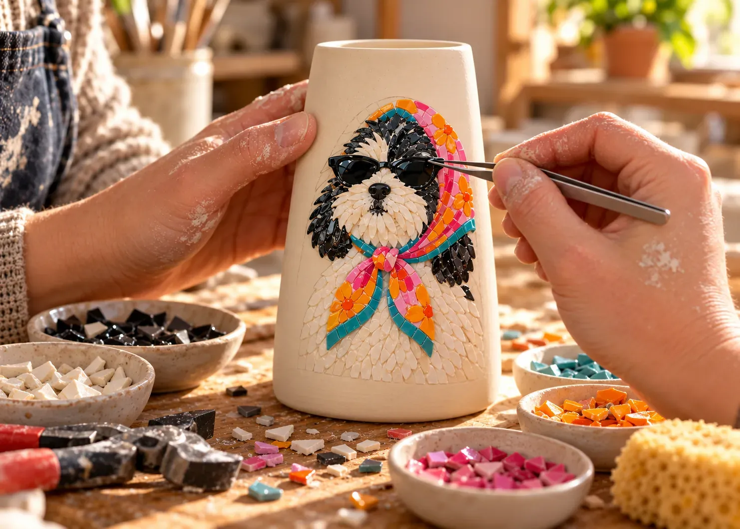 A potter’s hands setting small mosaic stones onto a cream vase with tweezers, a dog’s face taking shape