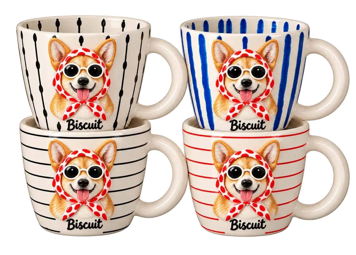 Four striped mugs stacked two on two, each with a corgi in a red polka-dot headscarf and white shades sculpted on it, the name Biscuit underneath