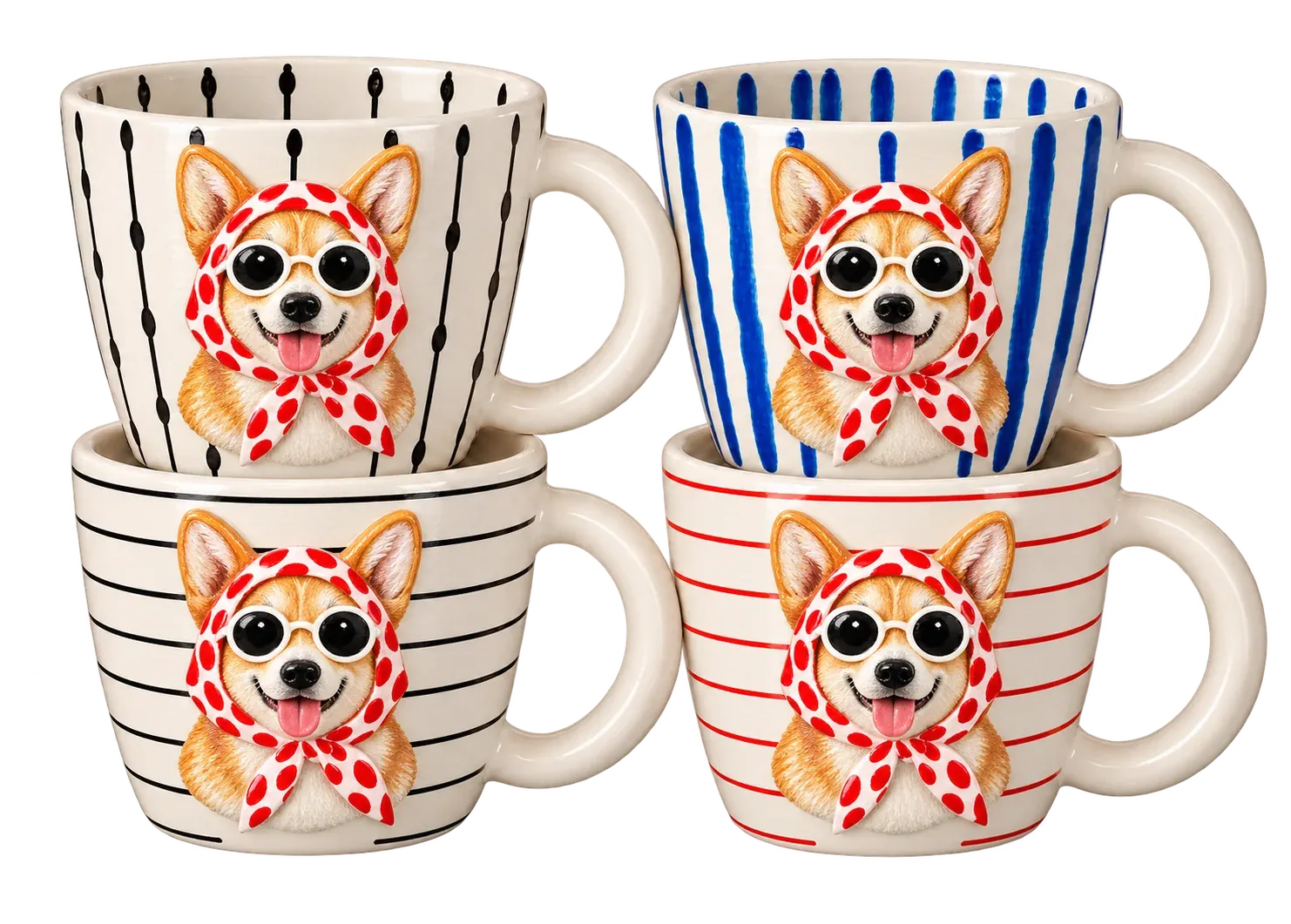 The four striped Muggrin mugs, two stacked on two, each with a corgi in a polka-dot headscarf and white sunglasses sculpted in raised relief