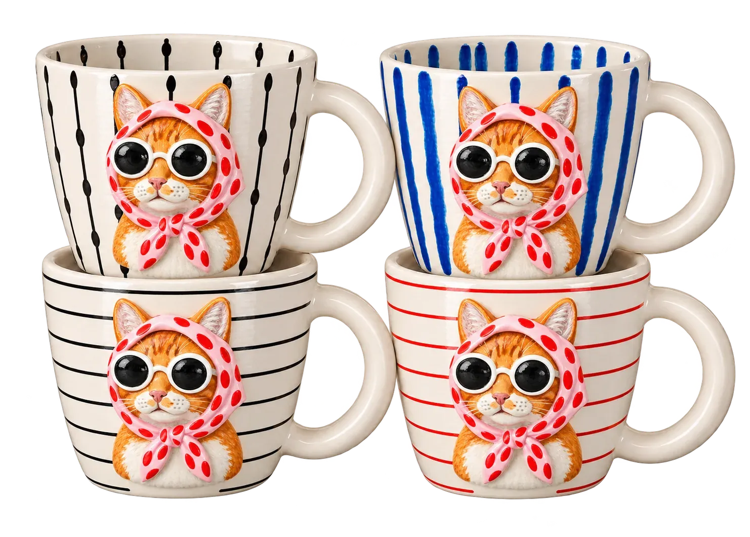 Four striped mugs, each with Olive the ginger cat sculpted in a pink polka-dot headscarf and round white shades