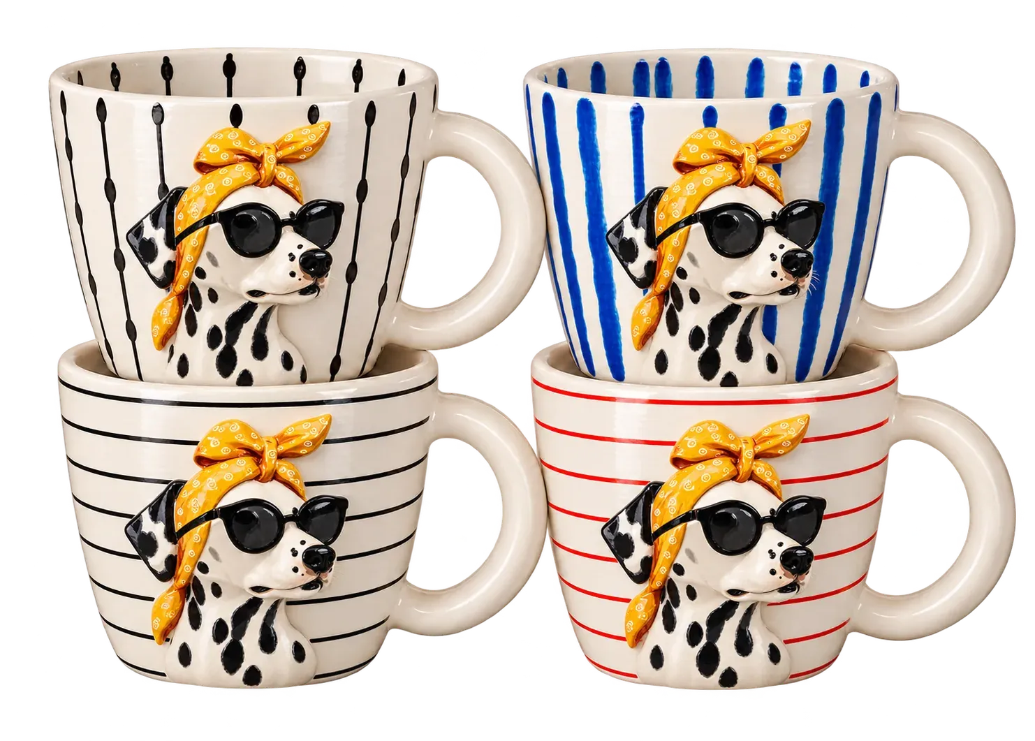 Four striped mugs, each with Pepper the dalmatian sculpted in a yellow headscarf and black shades