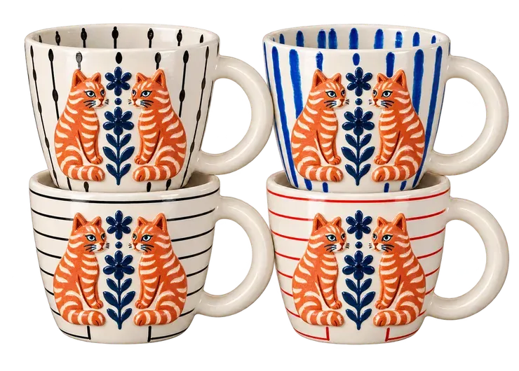 A set of four mugs in the Folk style. Your pet twice over, mirrored folk-art style, with a navy flower.