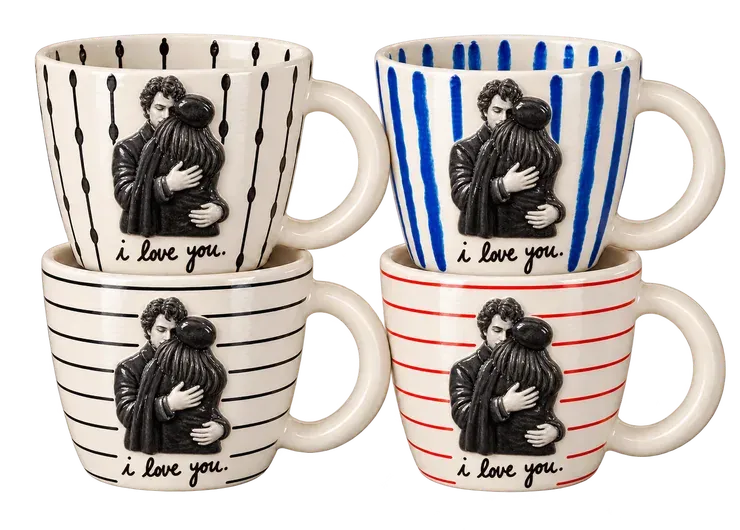 A set of four mugs in the Love Letter style. Sculpted in black and white, with “i love you.” underneath. Or your own words.