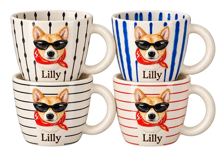 A set of four mugs in the The Original style. Where it started: black shades, a red bandana and their name underneath.