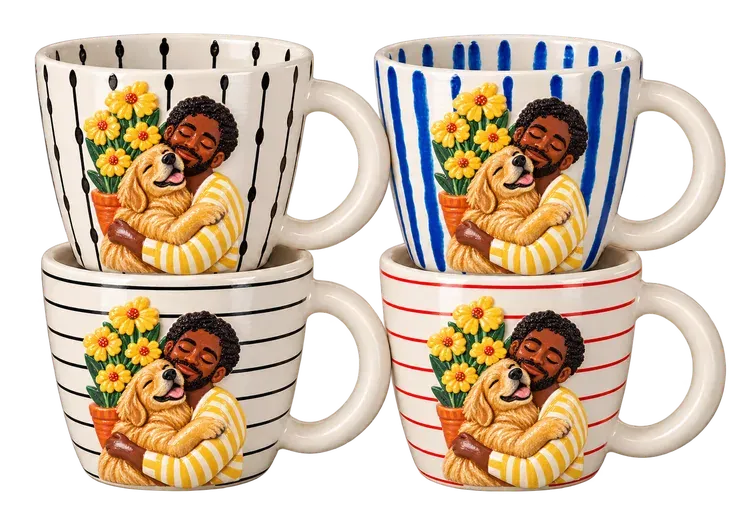 A set of four mugs in the Painted style. Warm gouache colours and a little pot of yellow flowers.
