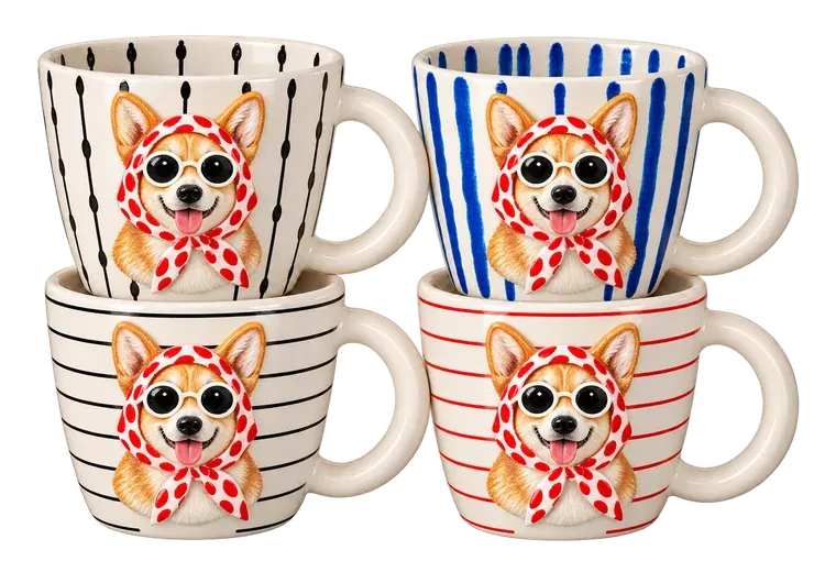 A set of four mugs in the Pop Portrait style. Your pet or person in a silk headscarf and shades, sculpted and painted in pop colours.