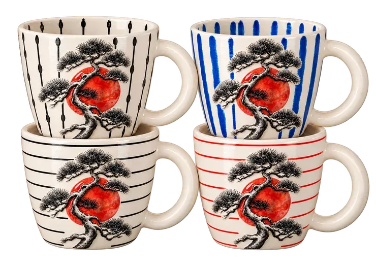 Red Sun Bonsai, a set of four mugs. A twisted pine in black sumi ink against a big red sun.