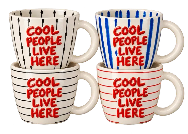 Cool People Live Here, a set of four mugs. Chunky red letters you can feel. For your kitchen, or your office.