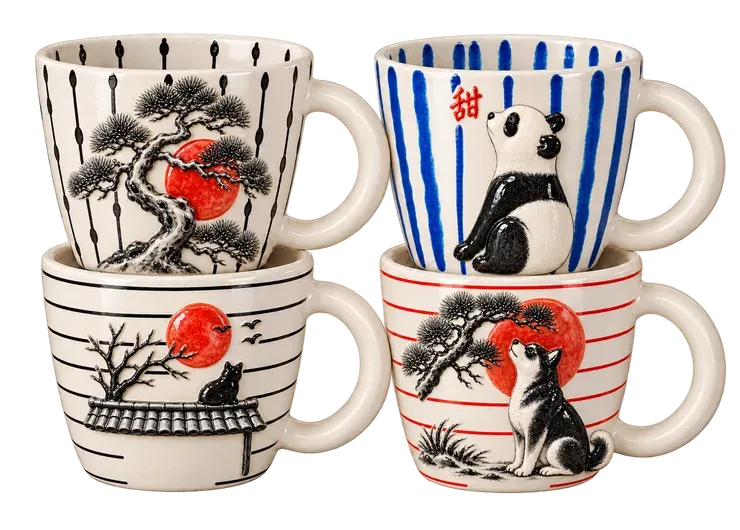 The Ink Set, a set of four mugs. A red-sun bonsai, a panda, a rooftop cat and a shiba, in black sumi ink.