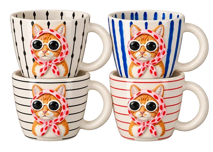 Olive, a set of four mugs. A ginger cat in a pink polka-dot headscarf and round white shades.