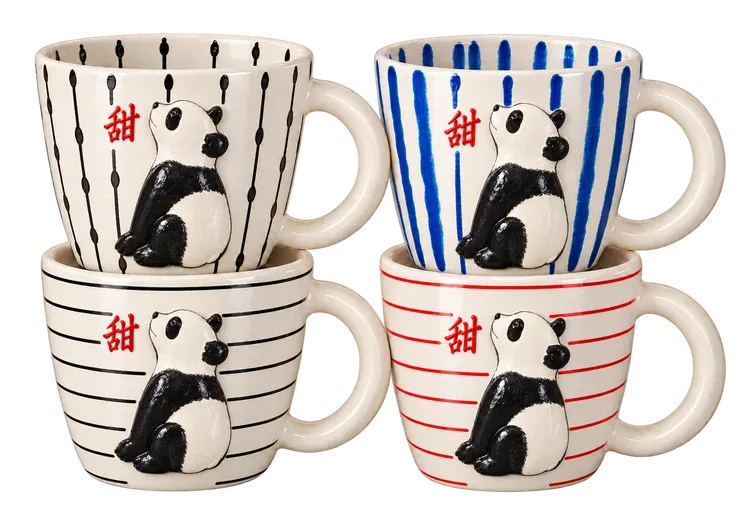 Sweet Panda, a set of four mugs. An ink panda in a few loose strokes, with a small red 甜.