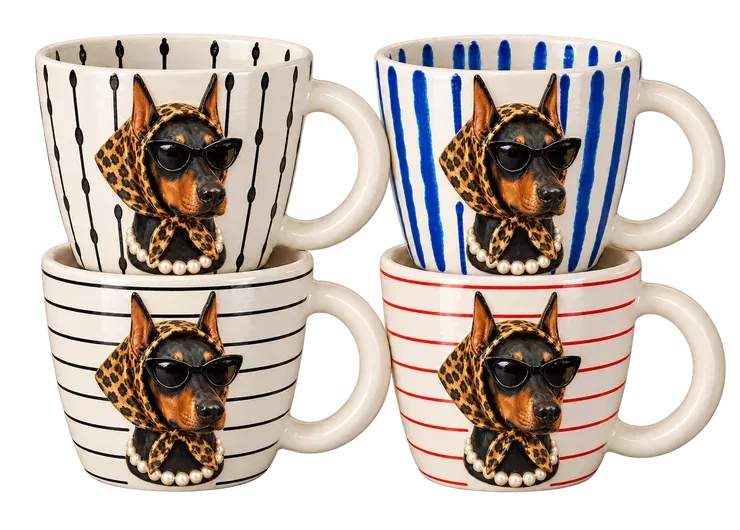Doberman in Pearls, a set of four mugs. Leopard headscarf, cat-eye shades, pearls. Very much a lady.