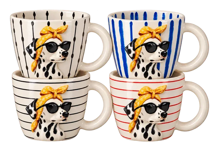 Pepper, a set of four mugs. A dalmatian in a paisley headscarf and black shades, sculpted on all four.