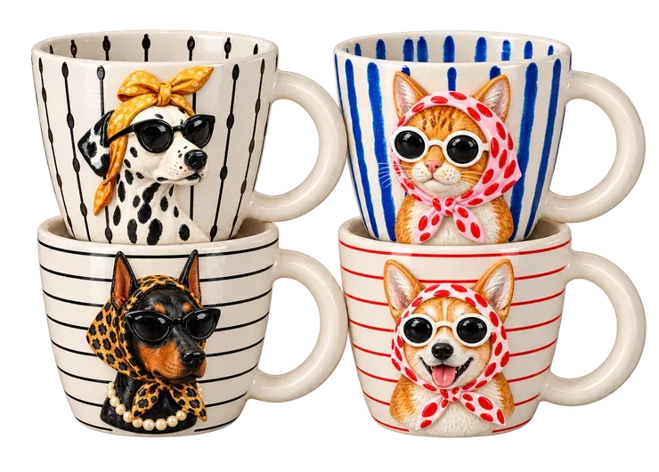 The Shades Set, a set of four mugs. Four different pets in headscarves and shades: Pepper, Olive, the Doberman in pearls and a corgi.