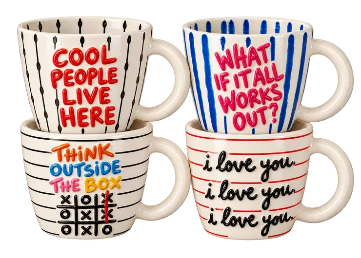 The Words Set, a set of four mugs. Cool People Live Here, What If It All Works Out?, Think Outside the Box and i love you.