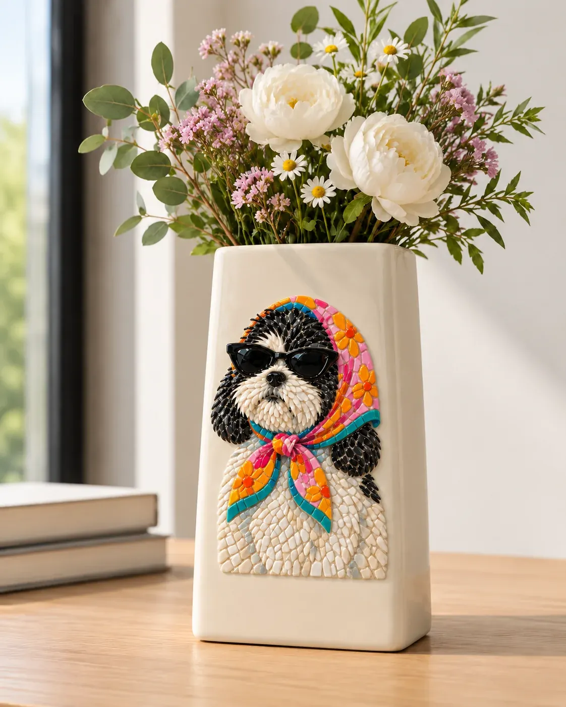 The Mosaic Vase on a sunny windowsill, filled with peonies and daisies, with a shih tzu in a headscarf and sunglasses set in mosaic stones on the front