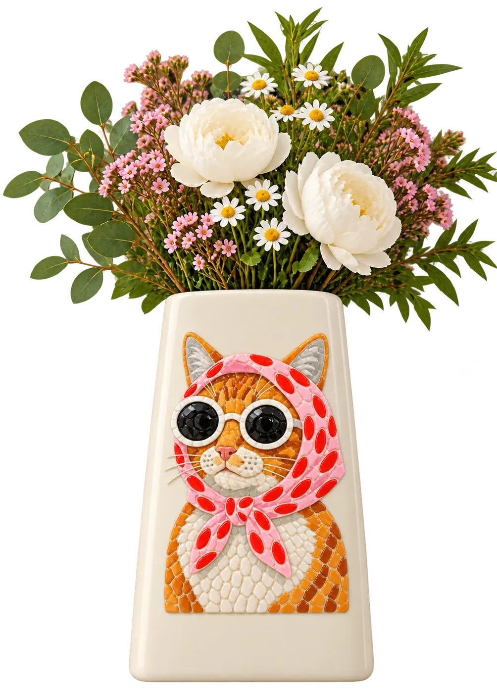 A cream vase with Olive the ginger cat in a polka-dot headscarf and round white shades set in mosaic stones, holding peonies and daisies