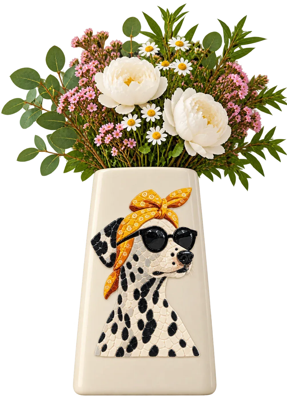 A cream vase with Pepper the dalmatian in a yellow headscarf and black shades set in mosaic stones, holding peonies and daisies