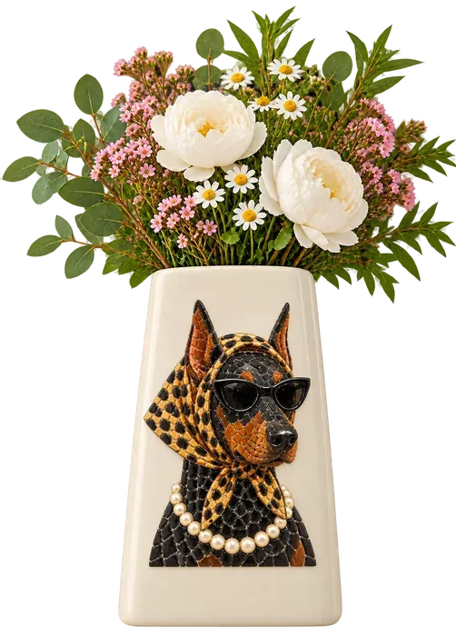 A cream vase with a Doberman in a leopard headscarf, shades and pearls set in mosaic stones, holding peonies and daisies