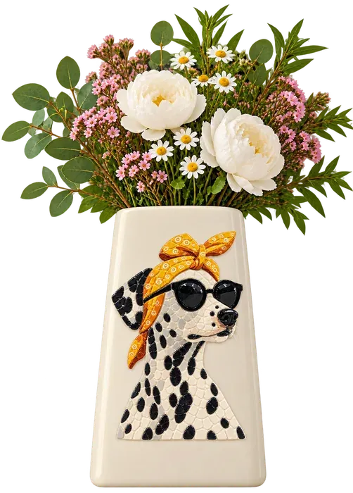 Pepper, in Mosaic, a mosaic vase. The dalmatian in her paisley headscarf and shades, in about 600 mosaic stones.